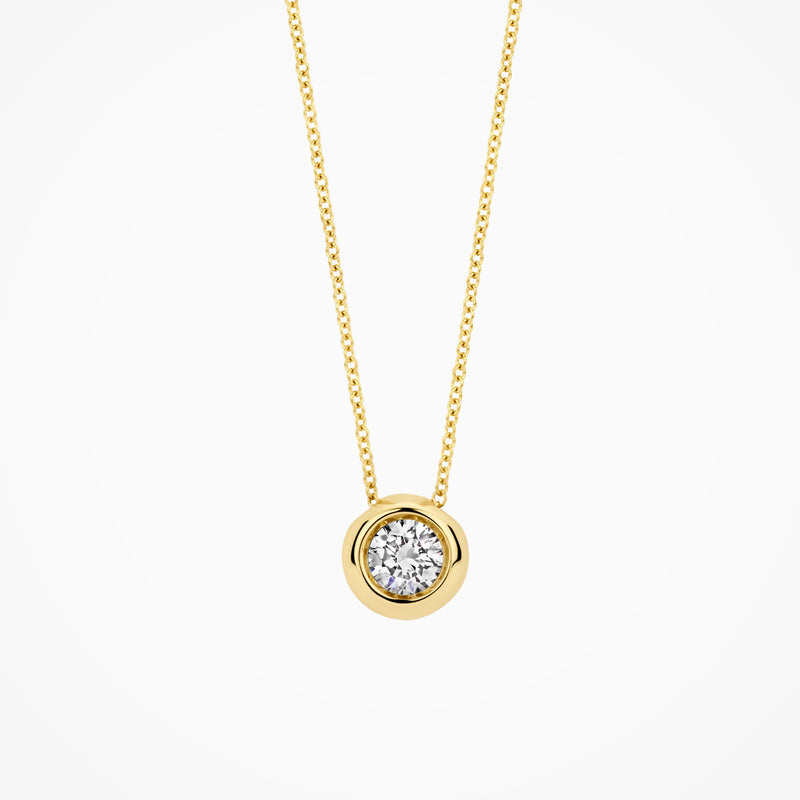 14k goud collier met ronde lab diamant in zetting van gerecycled goud.