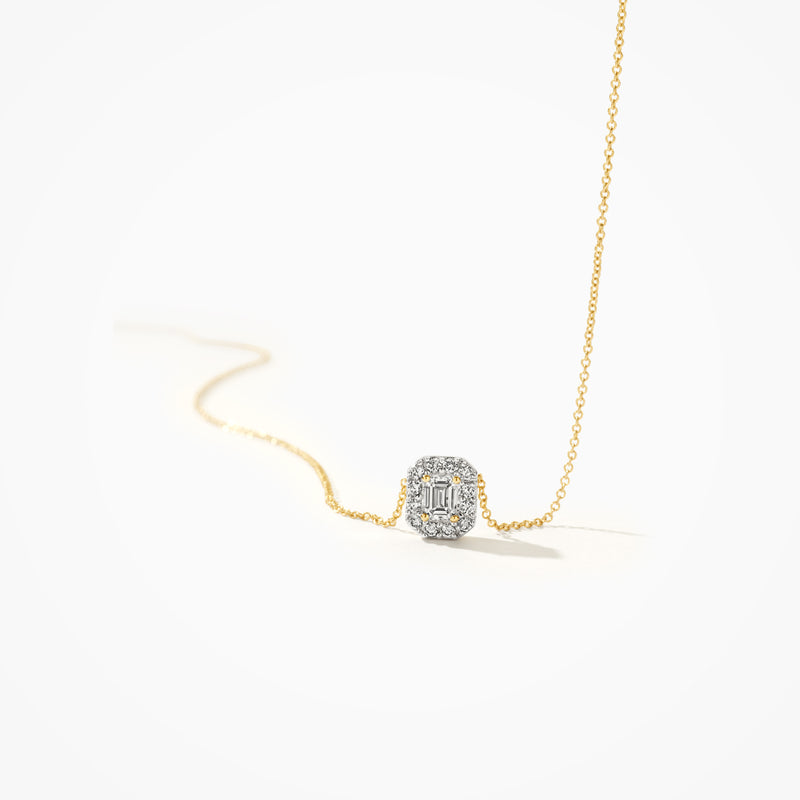 Collier van 14k geel goud met cluster Lab Diamonds en fijne schakels.