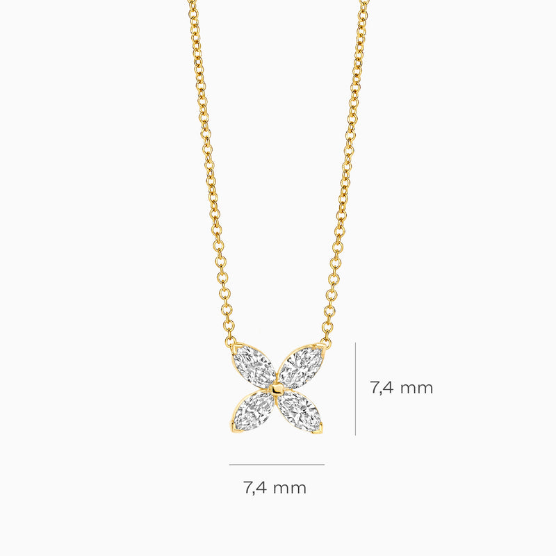 Lab Diamonds collier 14k geelgoud met bloemvormige hanger en fonkelende labdiamanten.