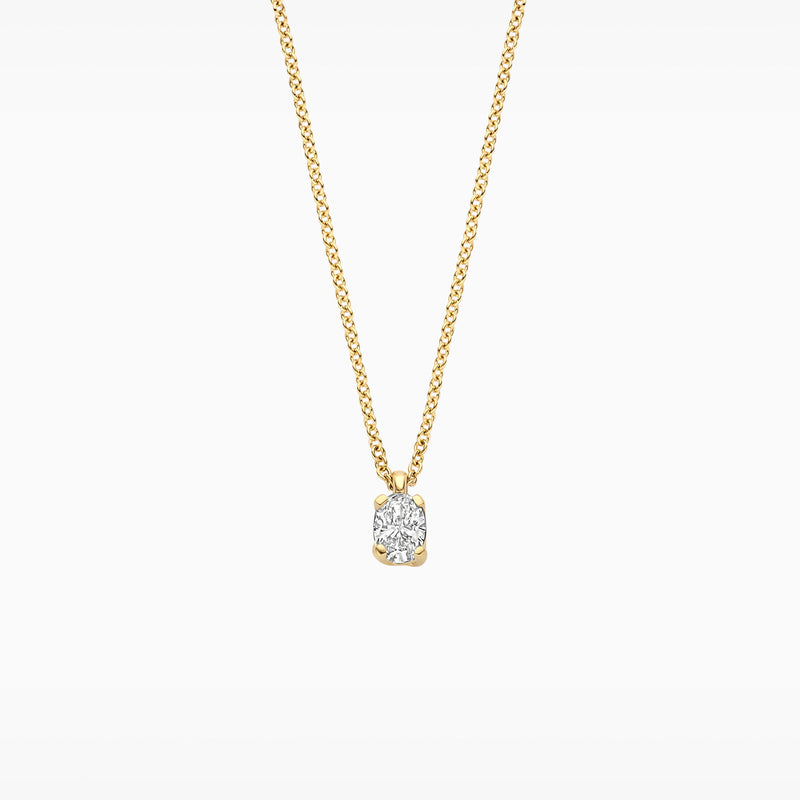 Fijn collier van 14k goud met een enkele lab diamond hanger van gerecycled goud.