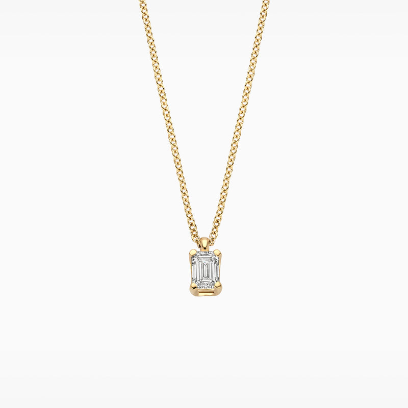 Collier met rechthoekige Lab Diamond in 14k geel goud aan fijne schakelketting.