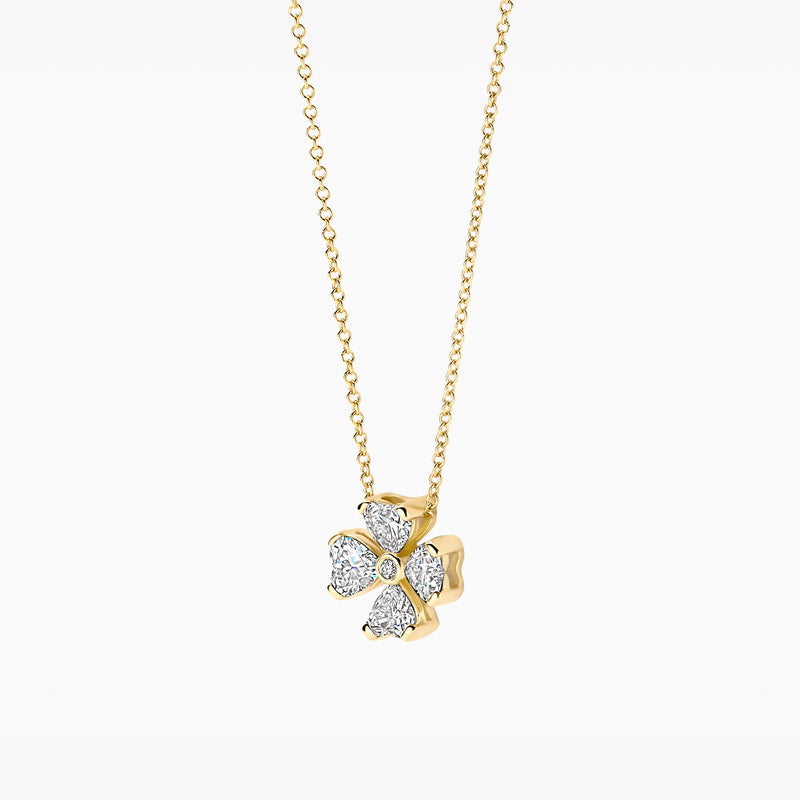 Lab diamanten collier met bloemvormige hanger in 14k geelgoud en fonkelende diamanten.