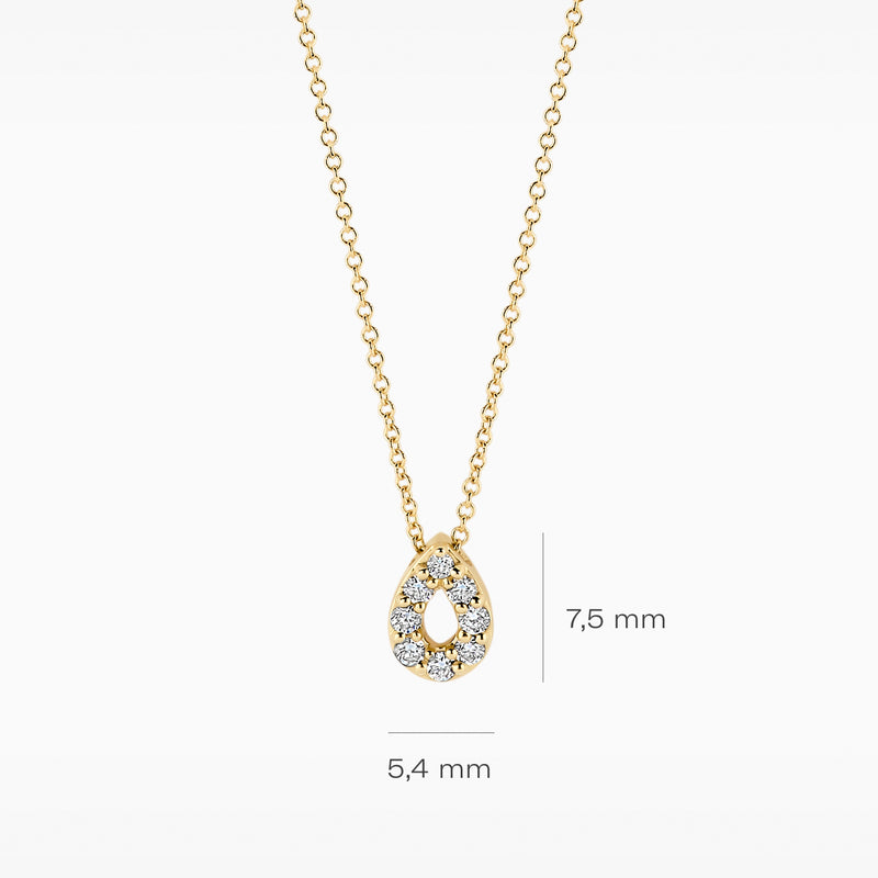 14k geelgouden collier met druppelvormige hanger en lab diamanten van 7,5 mm hoogte.