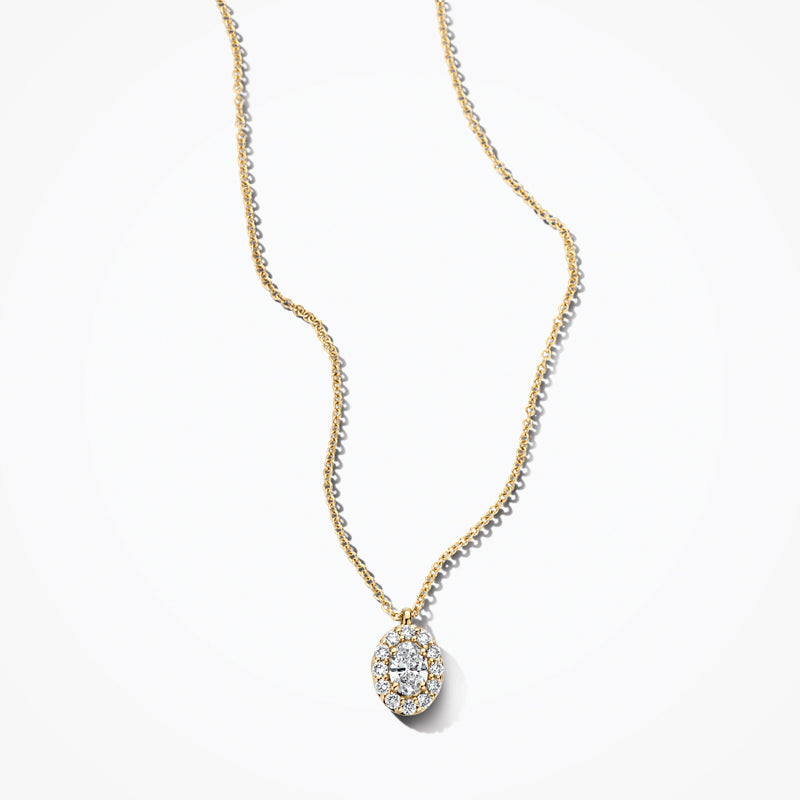 14k goud collier met ovale hanger en fonkelende labdiamanten.