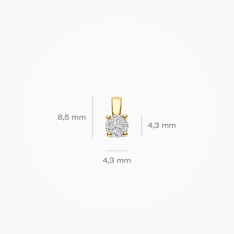 14k geelgouden hanger met ronde lab diamant solitair, 8,5 mm hoog.