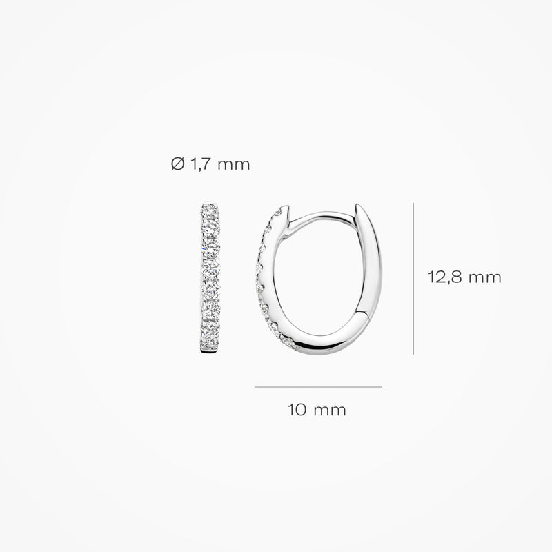 14k witgouden oorringen met lab diamanten, 1,7 mm breed, 12,8 mm hoog.