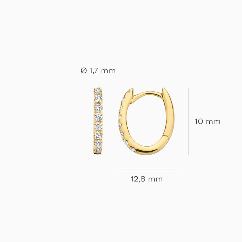 14k geelgouden oorringen met rij lab diamanten, 10 mm hoog en 12,8 mm breed.