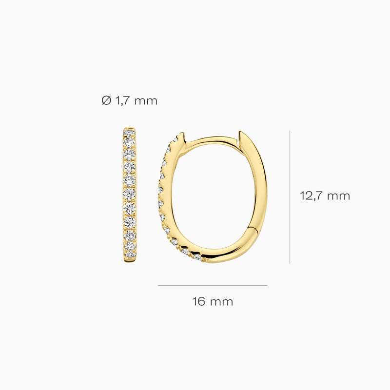 14k geelgouden oorringen met rij lab diamanten, doorsnede 1,7 mm, hoogte 12,7 mm.