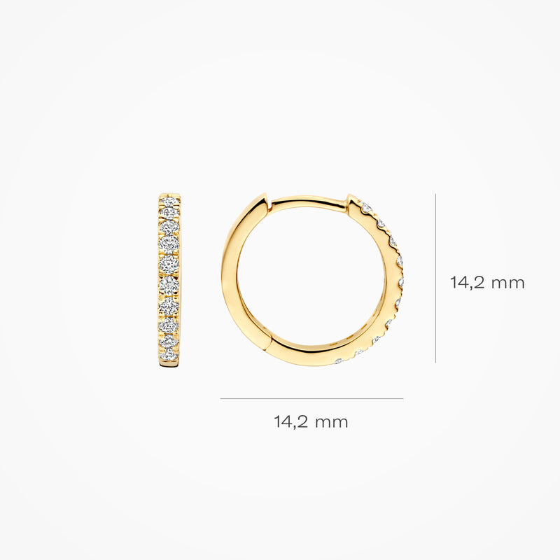 Oorringen van 14k geelgoud met rij diamantbespanning, diameter 14,2 mm.