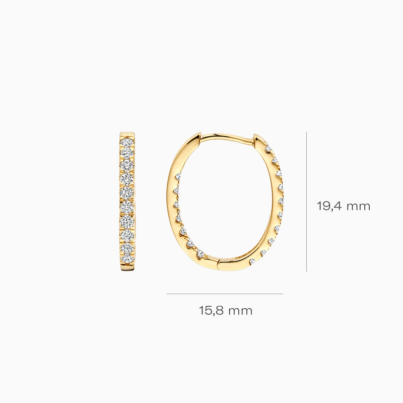 Ovale lab diamond oorringen van 14k geelgoud met rij diamant zetting, 19,4 mm lang.