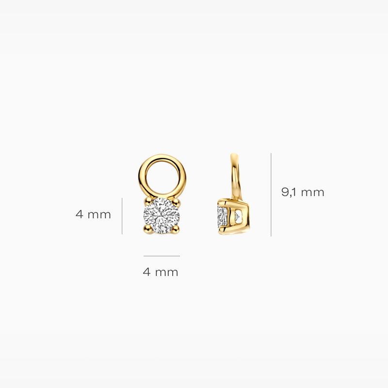 14k geelgouden oorbel bedel met ronde lab diamant van 4 mm, lengte 9,1 mm.