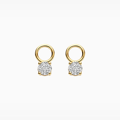 14k geelgouden oorbelbedels met ronde lab diamanten en kleine ring.