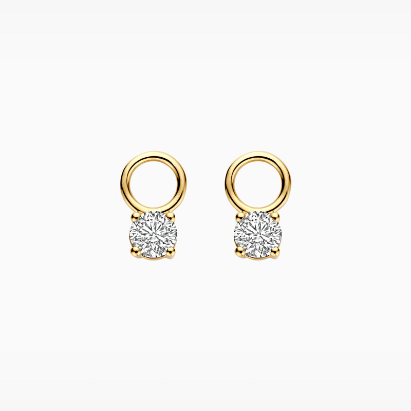 14k geelgouden oorbelbedels met ronde lab diamanten en kleine ring.