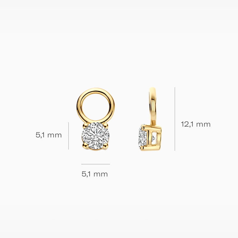 14k geelgouden oorbel bedel met ronde lab diamond van 5,1 mm diameter en totale lengte 12,1 mm.