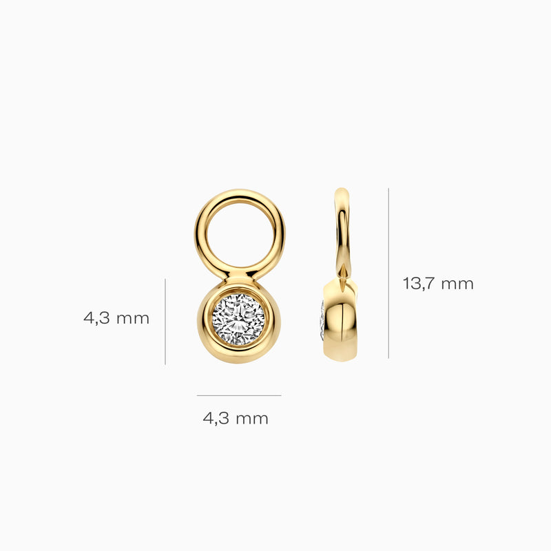 14k geelgouden oorbel bedel met fonkelende lab diamant, 4,3 mm breed, 13,7 mm lang.