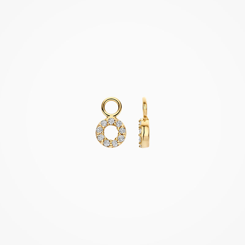 14k geelgouden oorbel bedel met ronde lab diamanten en gerecycled goud, vooraanzicht.