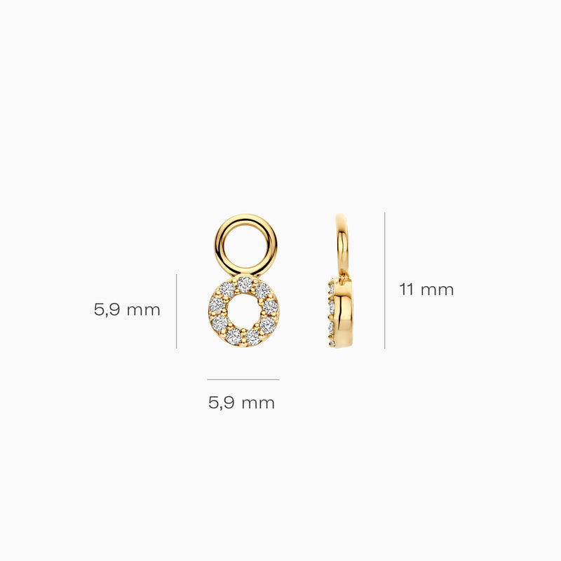 Gouden oorbel bedel 14k goud met ronde diamant en open cirkel van 5,9 mm diameter.