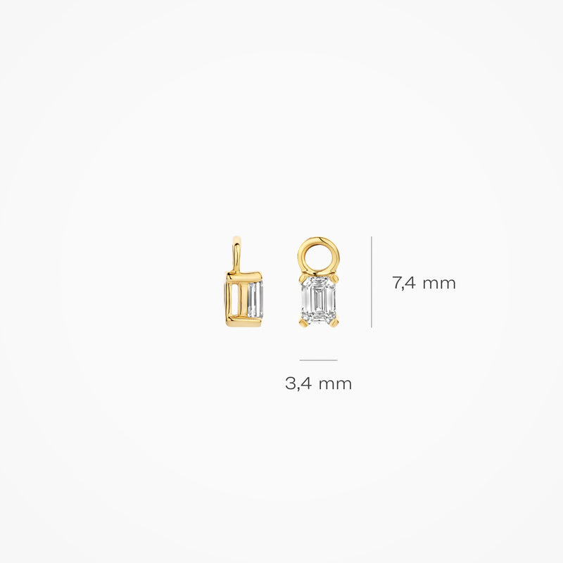 14k Goud oorbel bedel met rechthoekige diamant, 7,4 mm lang, 3,4 mm breed.