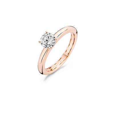 14k rosé goud solitair ring met ronde zirkonia en strakke band.