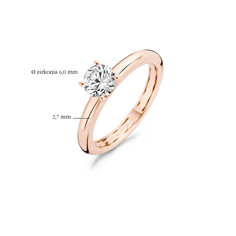 14 Rosé goud solitair ring met ronde zirkonia van 6,6 mm en band van 2,7 mm breed.