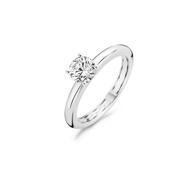 14k wit goud solitair ring met ronde zirkonia steen en fijne glanzende band.