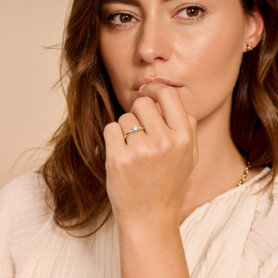 Bicolor ring met 14k geel en wit goud en zirkonia solitaire op model.