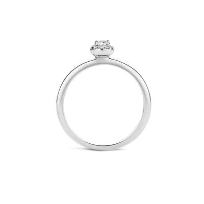 Ring 14k wit goud met ronde zirkonia in zes klauwen zetting.