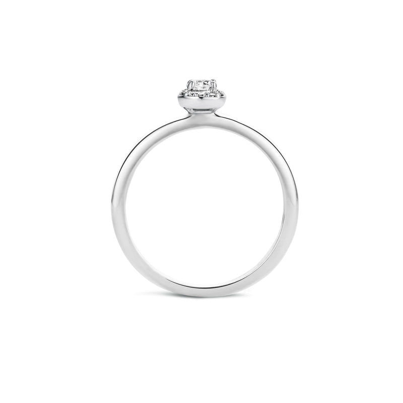 Ring 14k wit goud met ronde zirkonia in zes klauwen zetting.