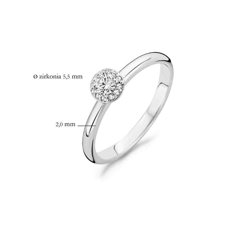 14k wit gouden ring met ronde cluster van zirkonia's, band 2 mm breed.