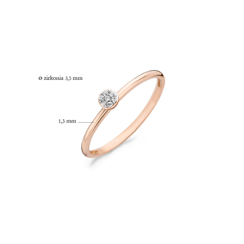 14 Rosé goud ring met kleine heldere zirkonia van 3,5 mm en smalle band van 1,3 mm.