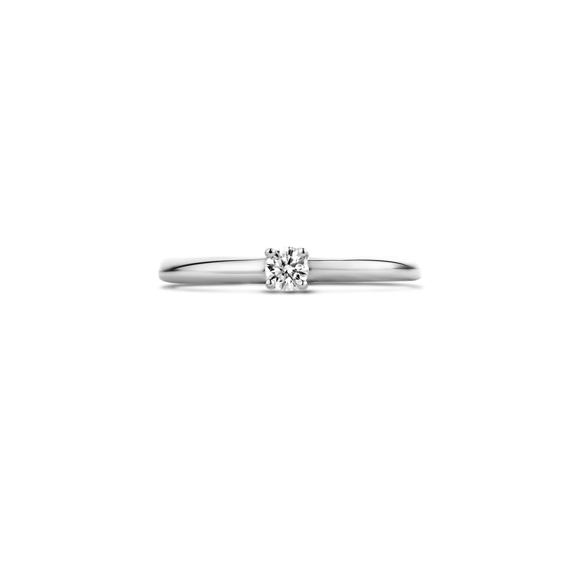 Dunne diamanten solitair ring van 14k wit goud met ronde natuurlijke diamant.