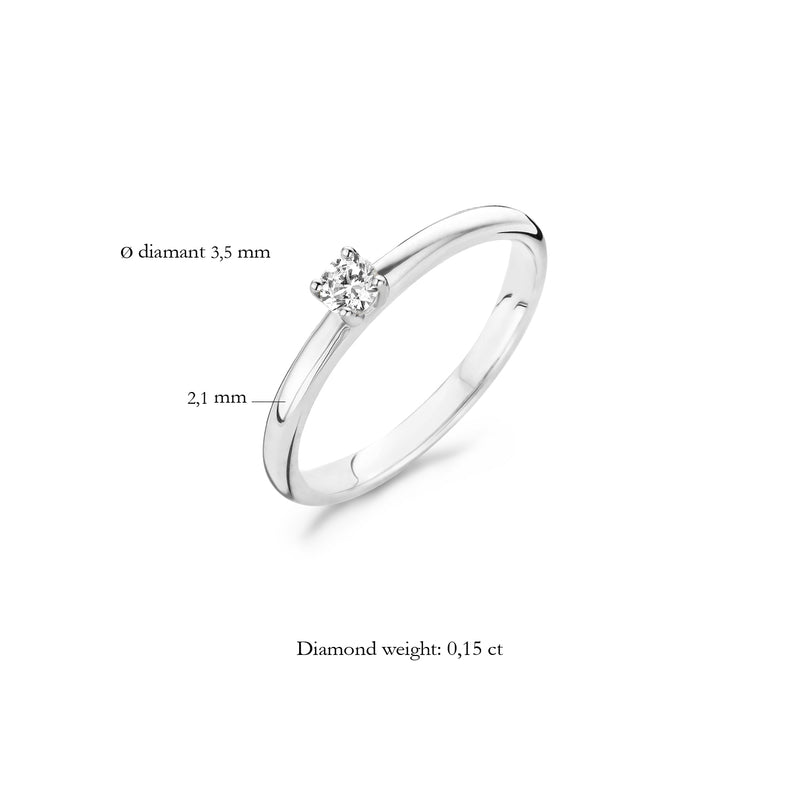 14k wit gouden solitair ring met 0,15 ct diamant en smalle band van 2,1 mm.