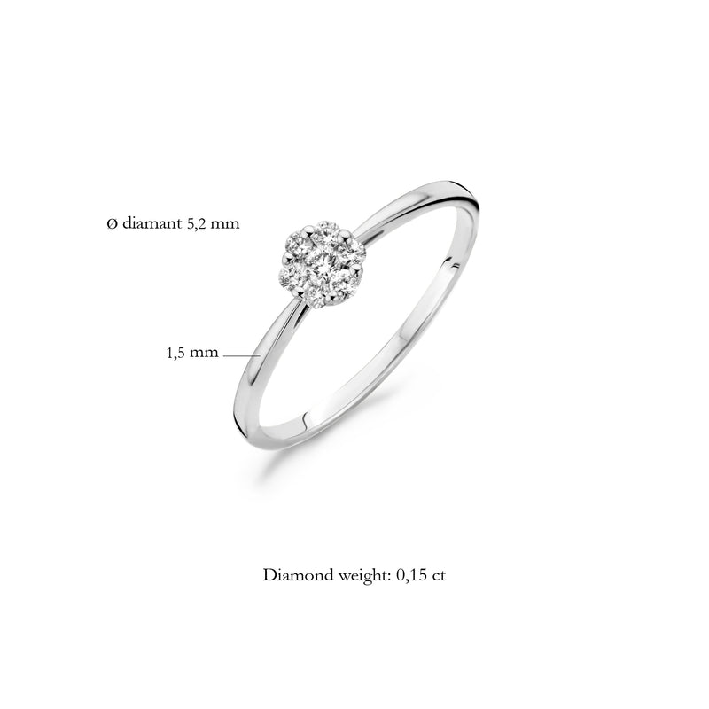 Diamanten ring 14k wit goud met cluster van natuurlijke diamanten, 0,15 ct, 5,2 mm diameter.
