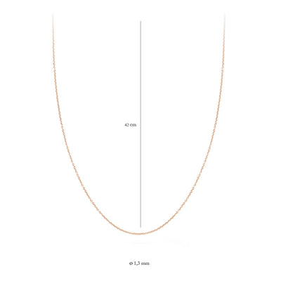Fijne 14k rosé gouden ketting met 1,2 mm schakels van 42 cm lang.