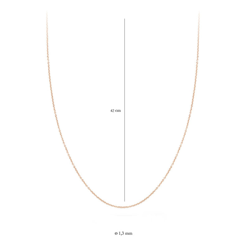 Fijne 14k rosé gouden ketting met 1,2 mm schakels van 42 cm lang.