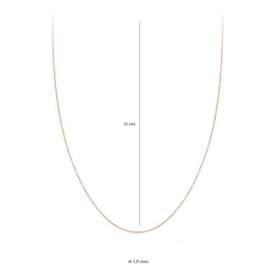 Fijne ketting van 14k rosé goud, 42 cm lang, dunne schakel van 1,3 mm breed.