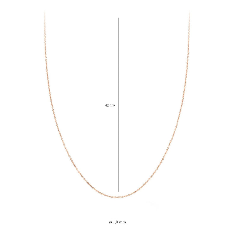 Fijne ketting van 14k rosé goud, 42 cm lang, dunne schakel van 1,3 mm breed.
