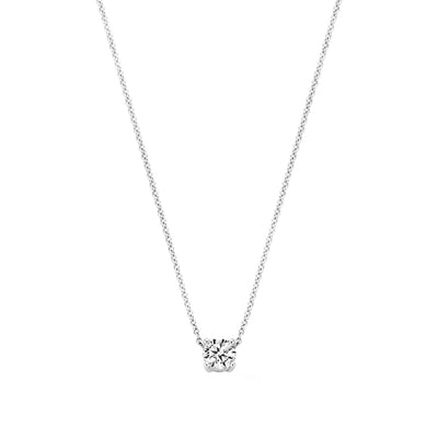 Collier van 14k wit goud met solitaire zirkonia hanger aan fijne ketting.