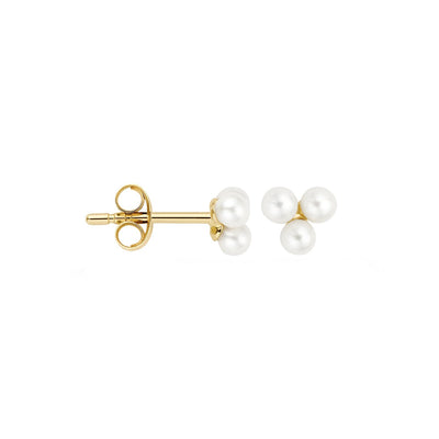 14k goud oorknoppen met ronde witte parels, klassiek en simpel design.