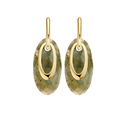 14k geelgouden oorbedels met ovale, gematteerde hangers en gladde binnenringen.