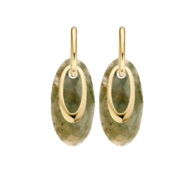 14k geelgouden oorbedels met ovale, gematteerde hangers en gladde binnenringen.