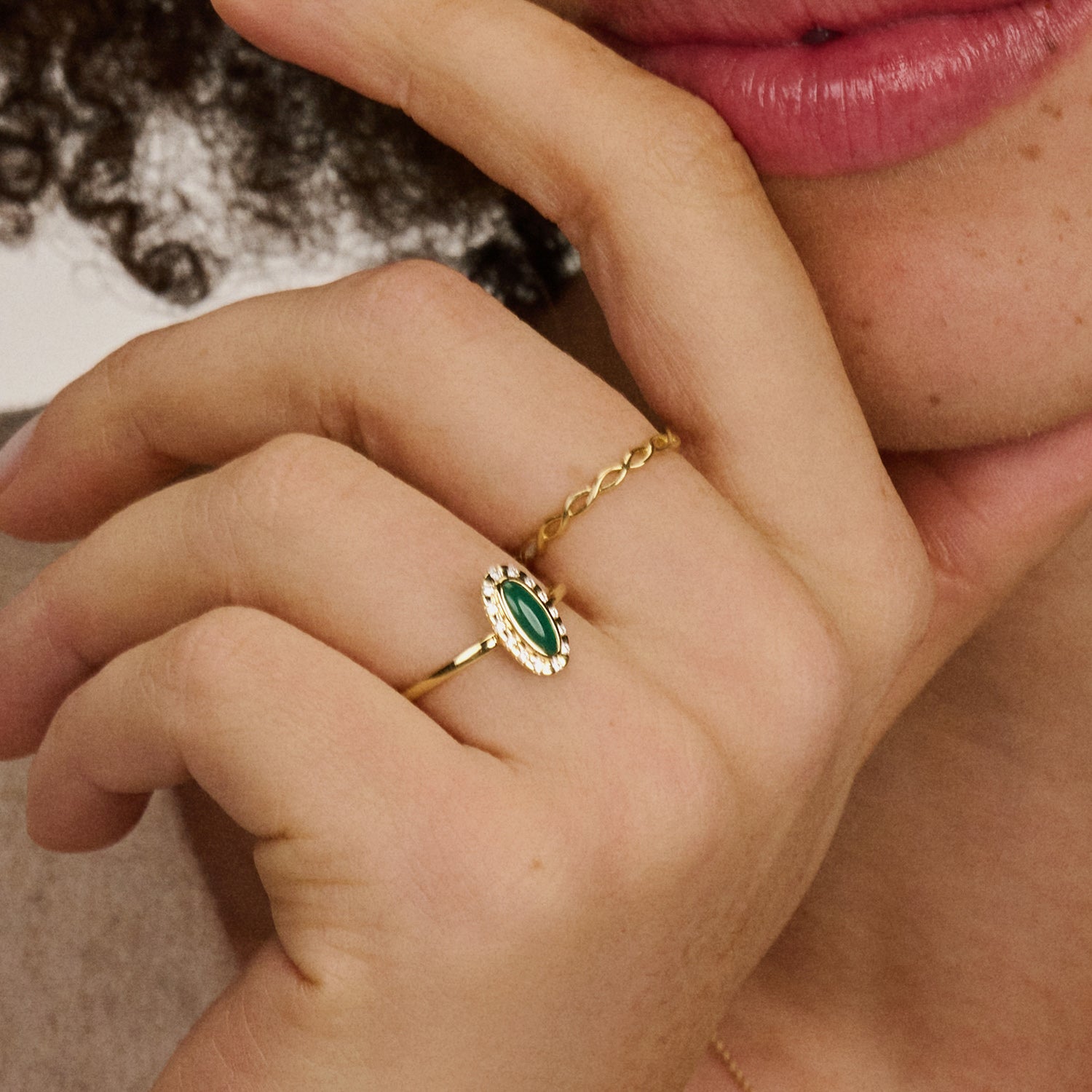 14ct Gold Green Agate and Zirconia Halo Ring