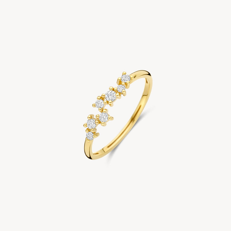 gekantelde ring met 6 zirkonias met chaton zetting