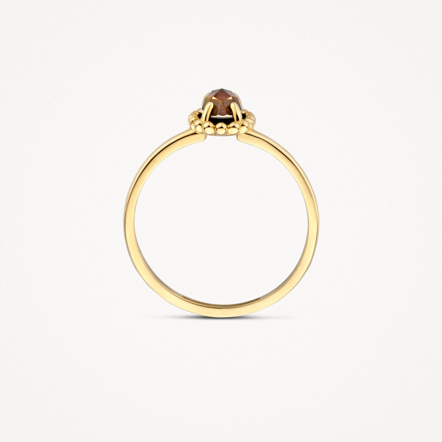 Smalle 14k goud ring met ronde bergkristal in zetting en parelmoeraccent.