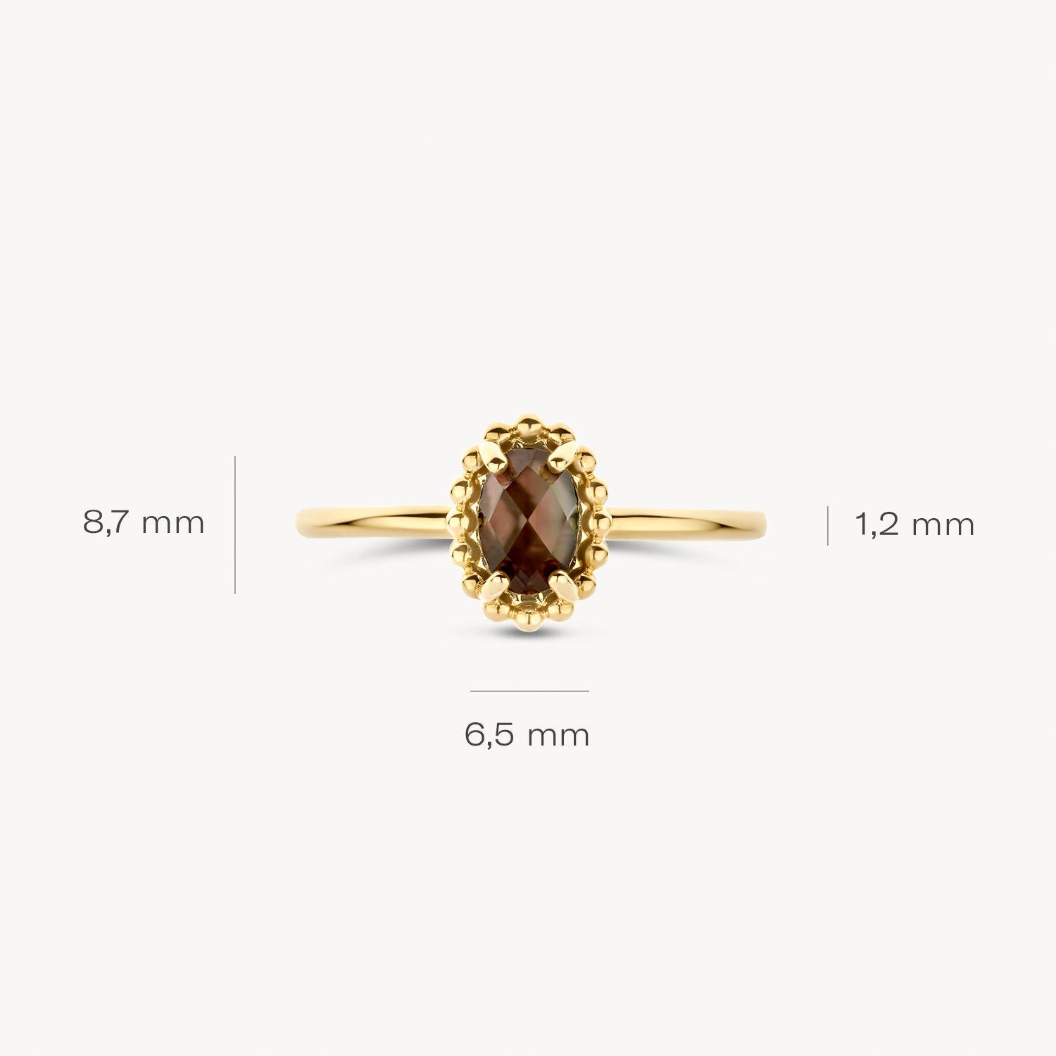 14k goud ring met ovale bergkristal en parelmoer, 8,7 mm hoogte, 6,5 mm breedte, 1,2 mm band.