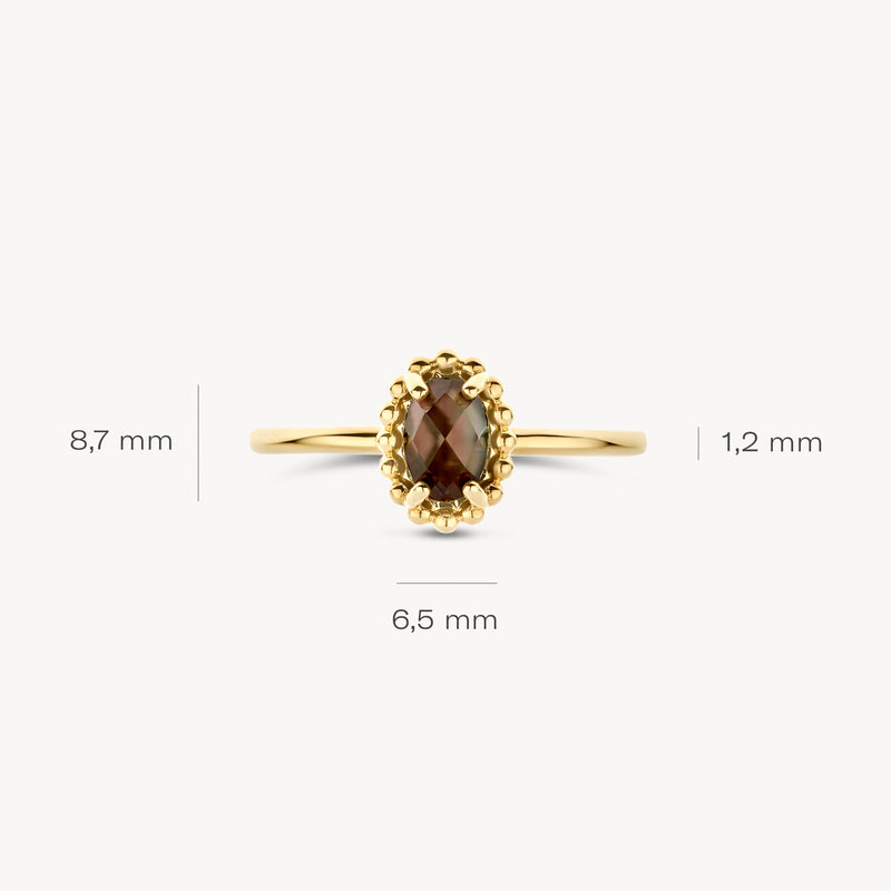 14k goud ring met ovale bergkristal en parelmoer, 8,7 mm hoogte, 6,5 mm breedte, 1,2 mm band.