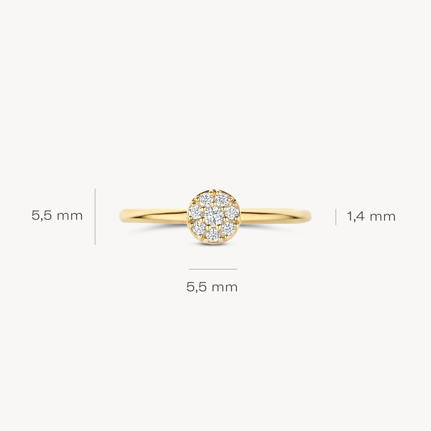 Dunne 14k gouden ring met klein rond cluster van zirkonia's, 5,5 mm diameter.