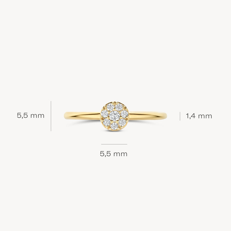 Dunne 14k gouden ring met klein rond cluster van zirkonia's, 5,5 mm diameter.