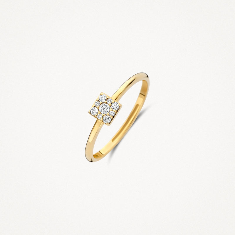 14k goud ring met vierkante cluster zirkonia en smalle band.