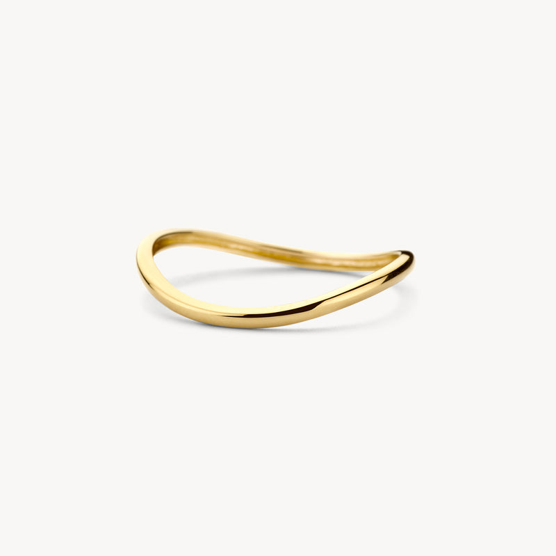 Authentic 14ct yellow gold delicate stackable ring with a thin band, close-up.